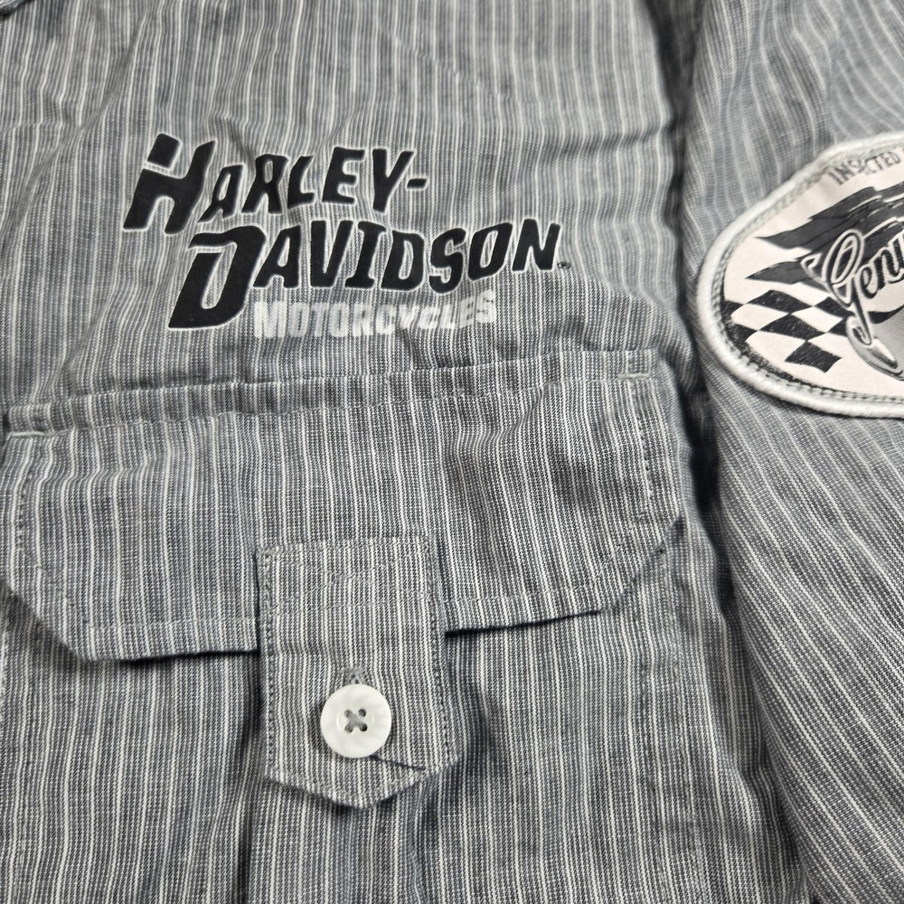Harley-Davidson Shirt Mens Large Gray Striped Short Sleeve Button Front Patch - Picture 4 of 8